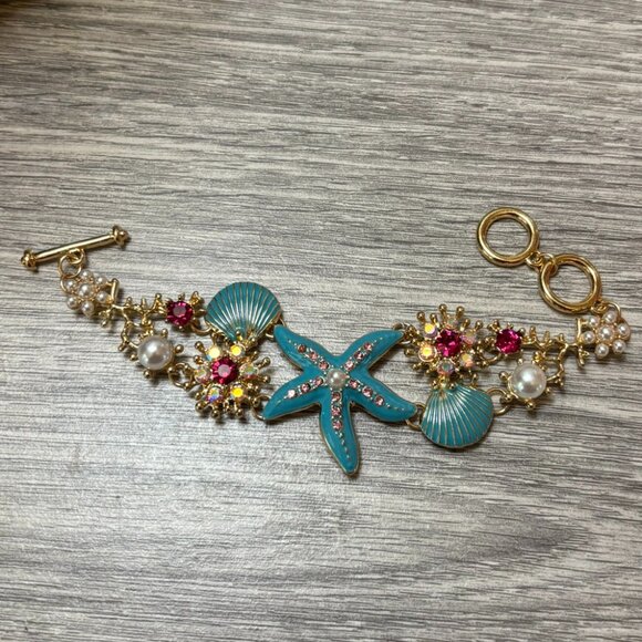 Turquoise Blue Ocean Beach Shell Starfish Seashell Crystal Statement Bracelet - Picture 1 of 6